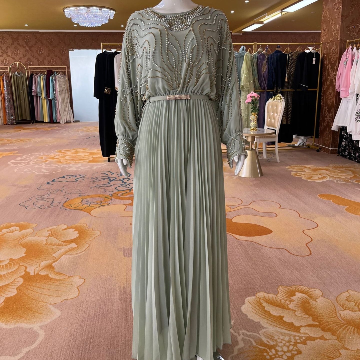 Handbeaded Pearl & Crystal Batwing Maxi Dress(MS529)