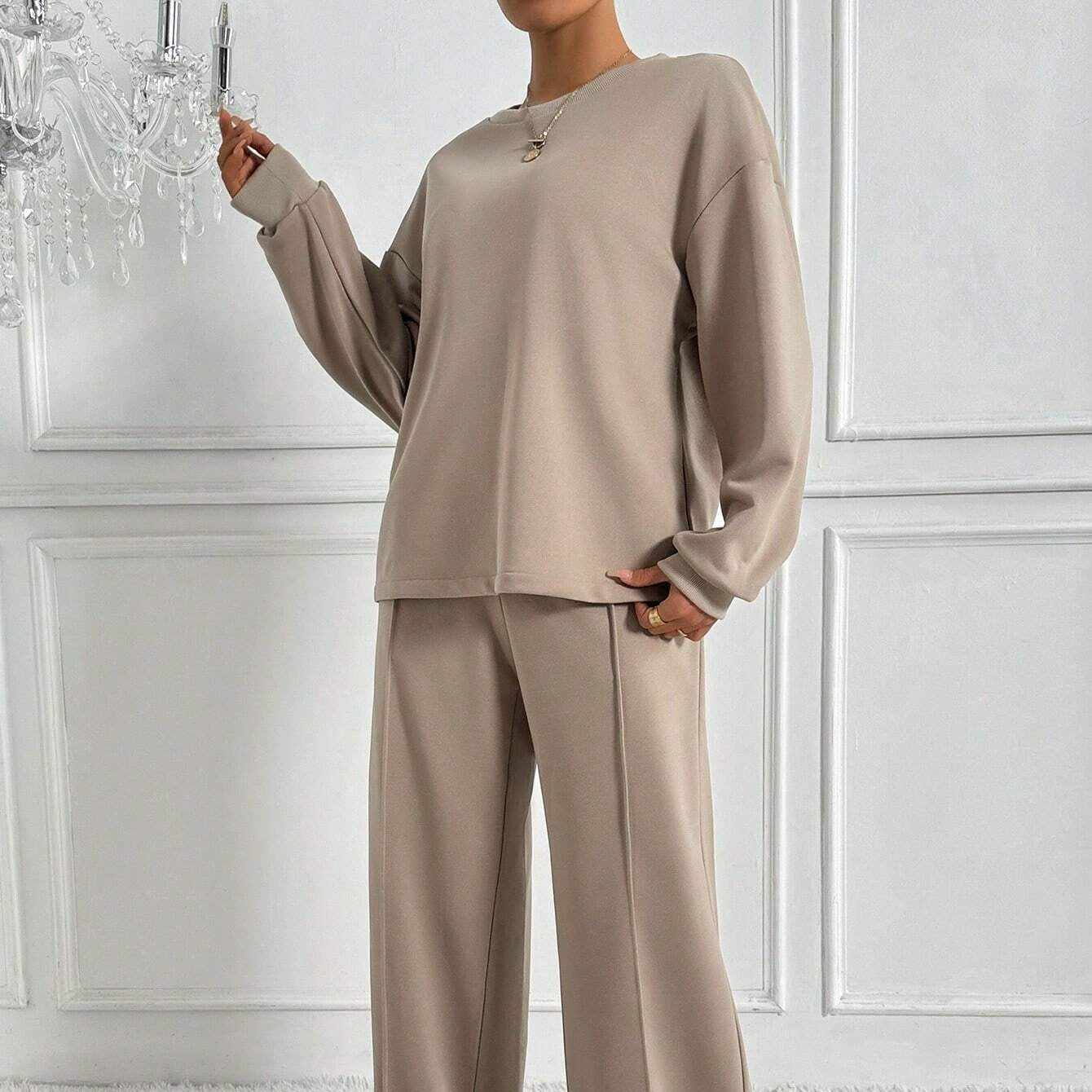 Drop Shoulder Sweatshirt & Wide-Leg Trouser Co-ord Set(MS528)