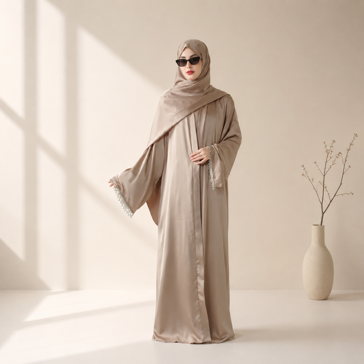 Archive Piece Satin Abaya With Matching Belt Made Of Diamond Tassel - MP003 (Size XXS Only)