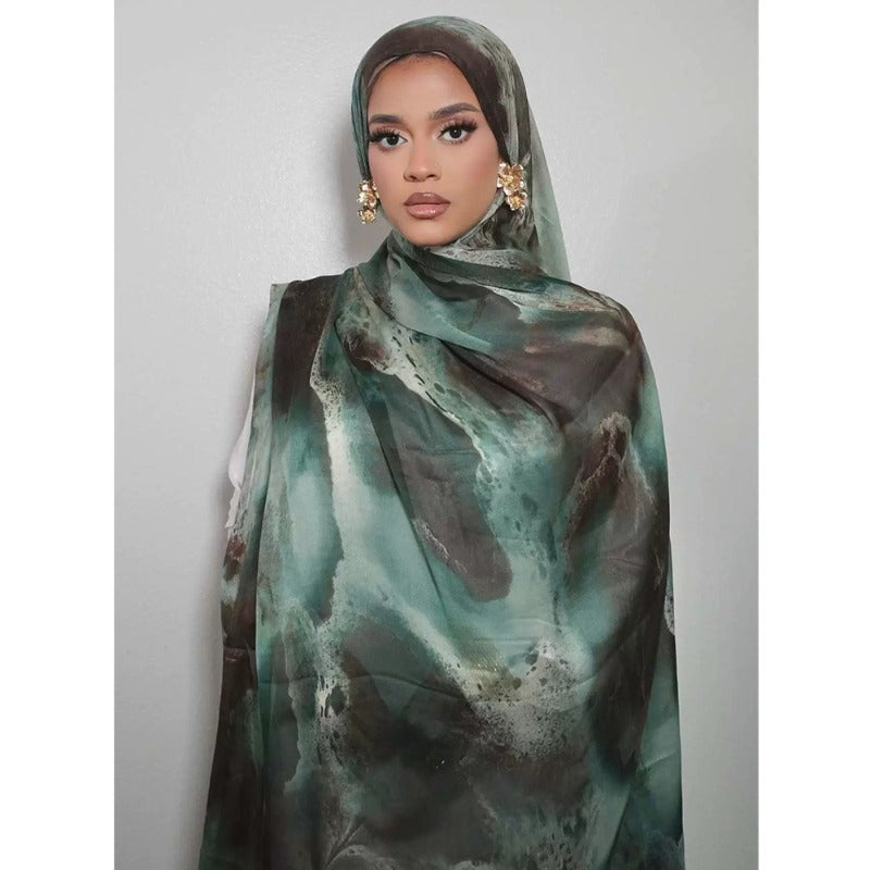 Luxury Premium Silk-Like Printed Hijab Scarf | 180x85cm Large Rectangle Hijab(MH146)
