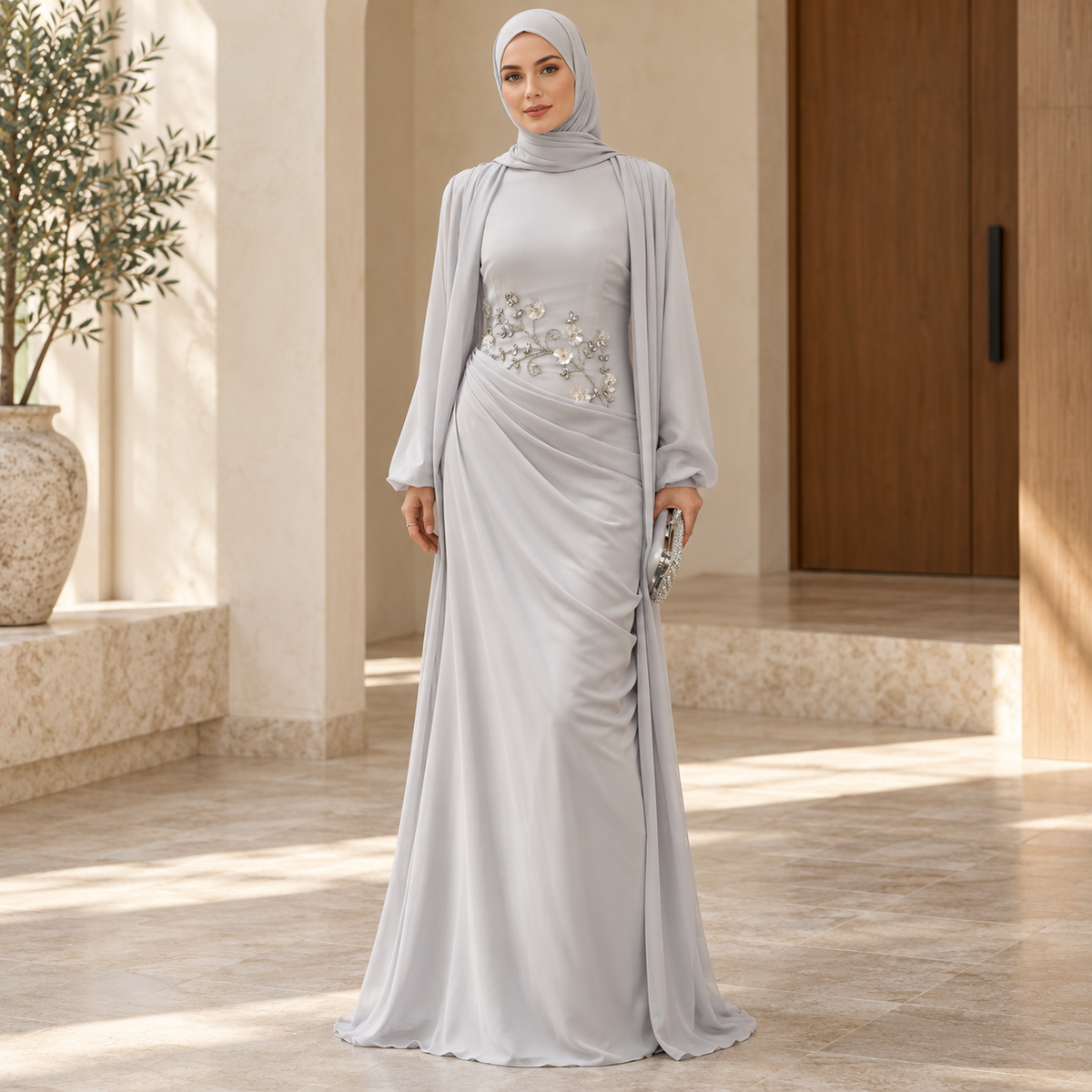 Rhinestone Floral Chiffon-Effect Evening Dress(MS591)