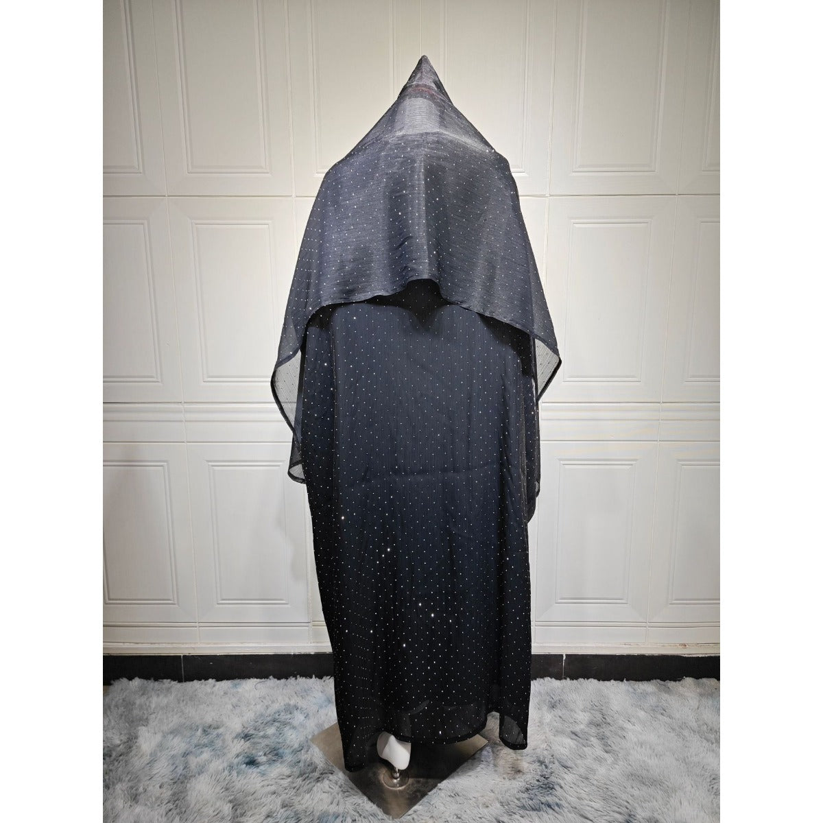Luxury Muslim Starlight Evening Wear Abaya Set | Midnight Blue Diamond-Embellished Robe Jacket with Matching Hijab(MOA201)
