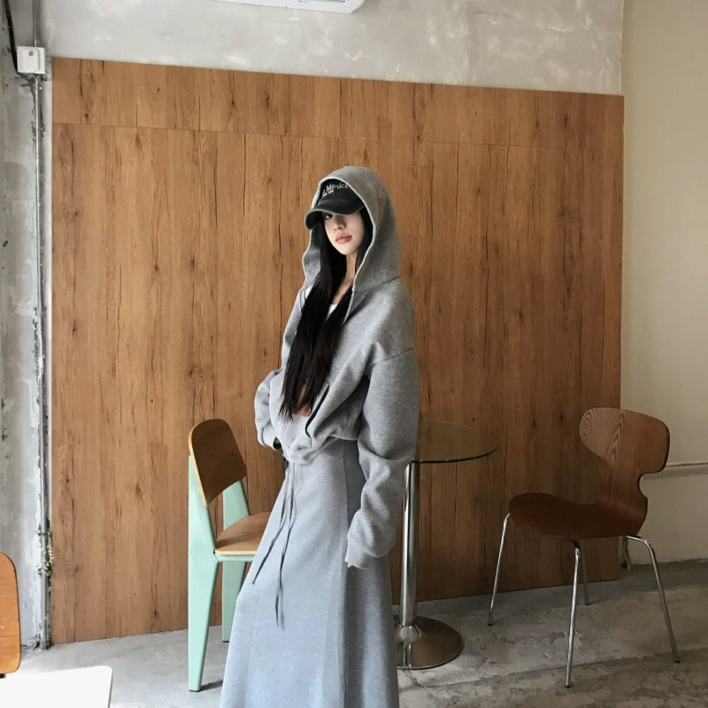 Casual Grey Zip-Up Hoodie & High Waist Drawstring A-Line Skirt Set(MS130)