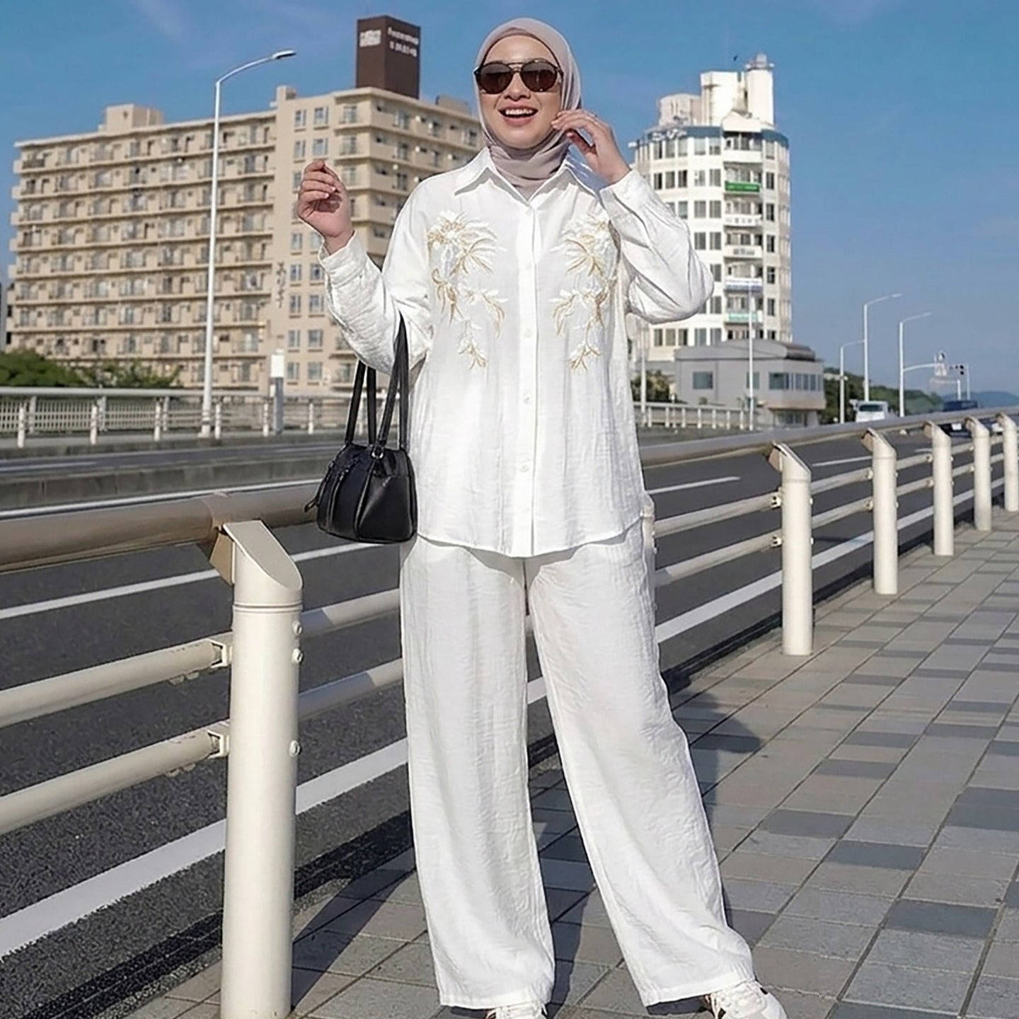 Floral Embroidered Shirt & Wide-Leg Trousers Two-Piece Co-ord Set(MS511)