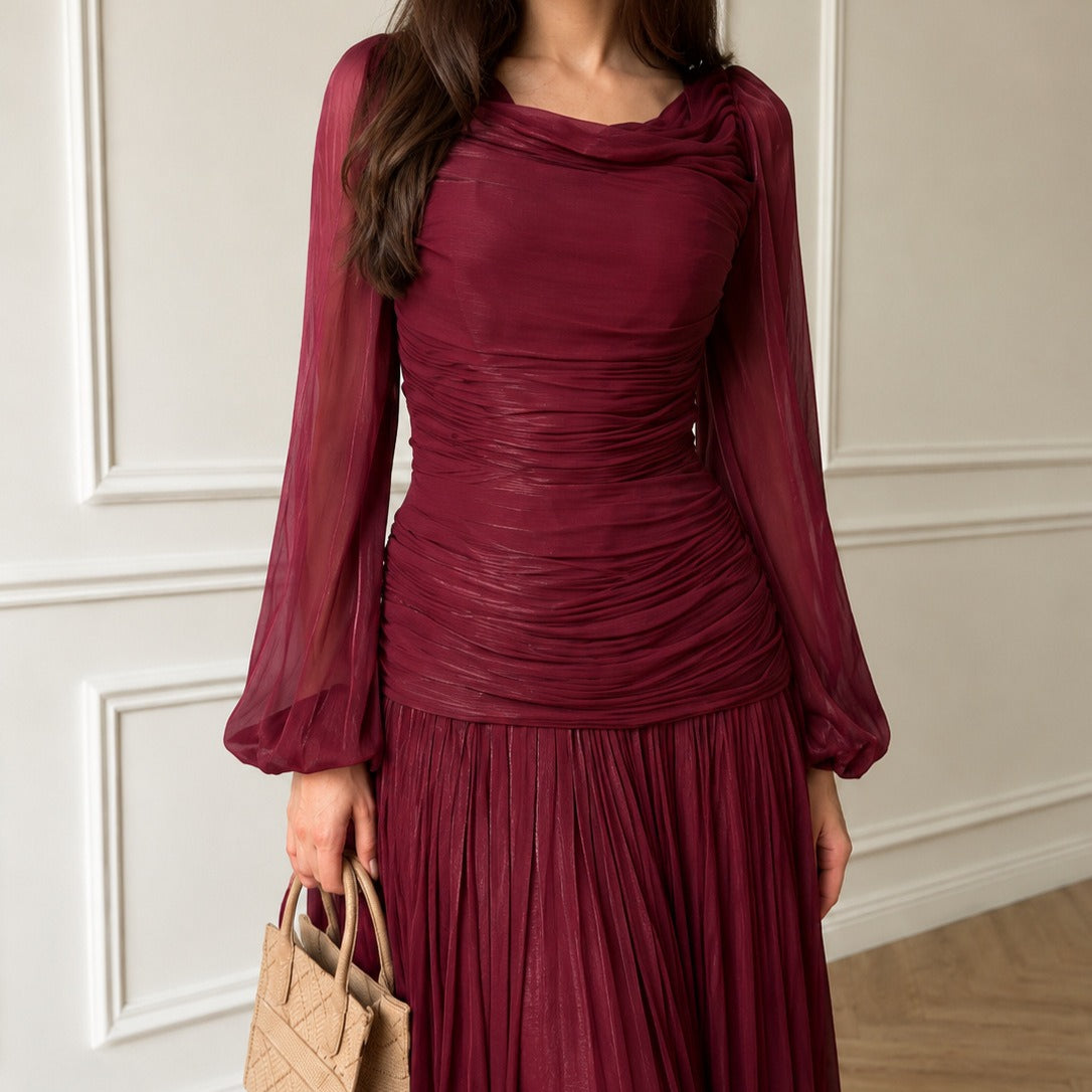 Cowl Neck Ruched Bodice Lantern Sleeve Pleated Maxi Dress(MS534)