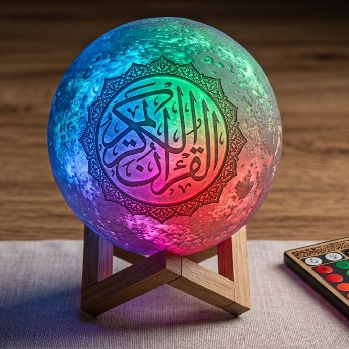3D Printed Quran Moon Lamp Bluetooth Speaker - 16-Color RGB Touch & Remote Night Light with Wooden Stand（MAC481）