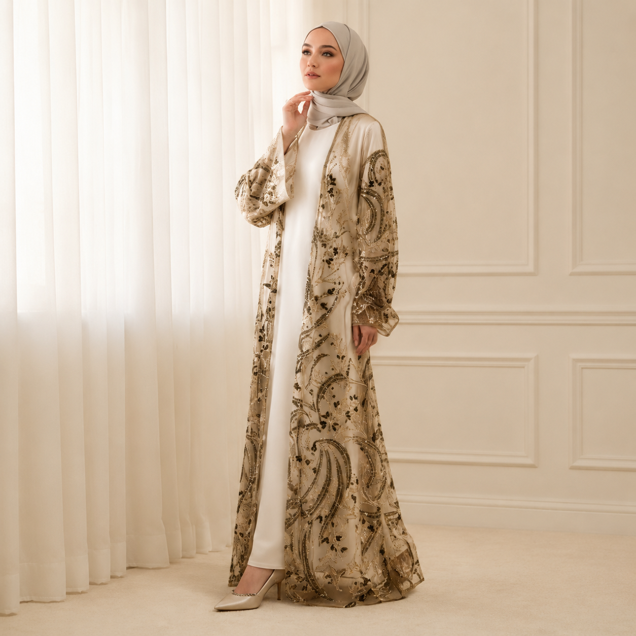 Luxury Hand-Beaded Sequin Embroidered Open Abaya for Eid & Wedding Occasions (MOA305)