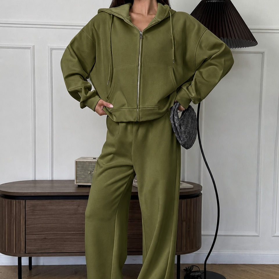 Zip-Up Hoodie & Wide-Leg Sweatpants Two-Piece Set(MS532)
