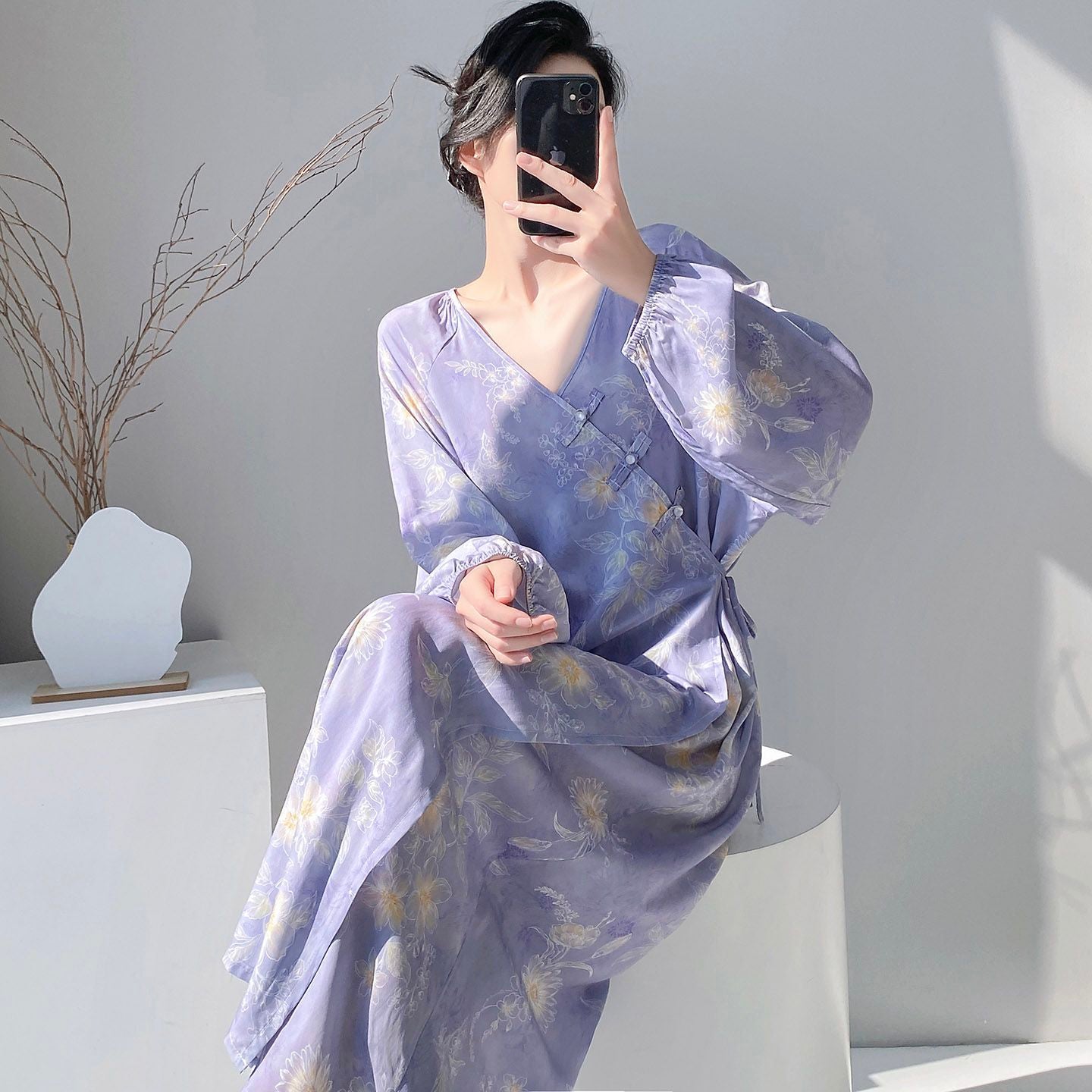 Chinese Style Jacquard & Print Maxi Wrap Dress(MS424)