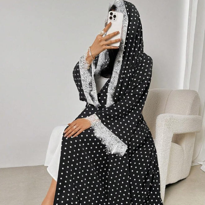 Polka Dot Lace-Trim Open Abaya & Matching Hijab Set(MOA343)