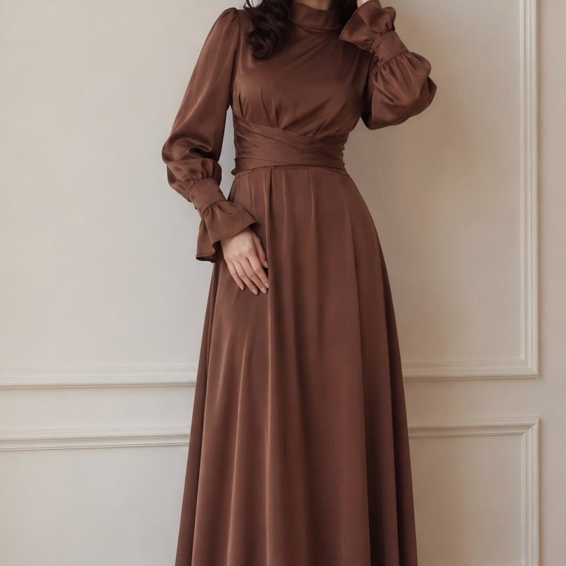 Satin Cross-Wrap Waist Maxi Dress(MS506)