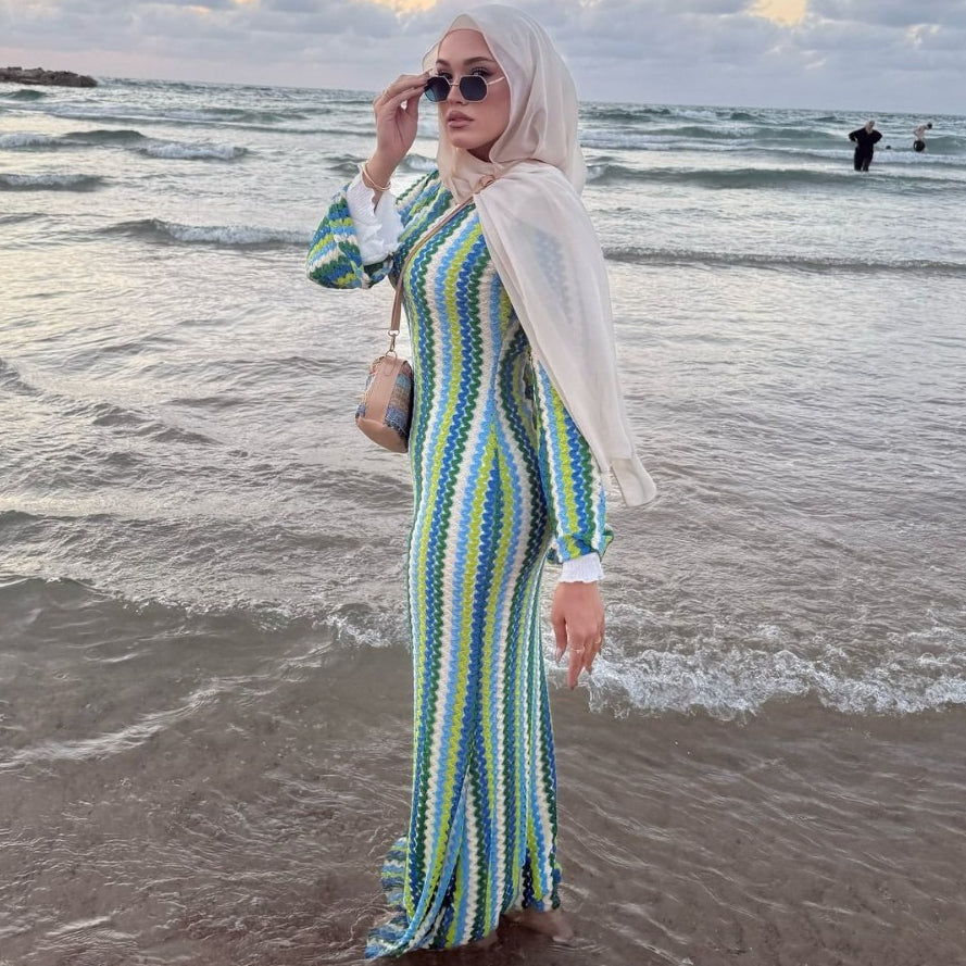 Rainbow Jacquard Flared-Sleeve Maxi Dress(MS486)