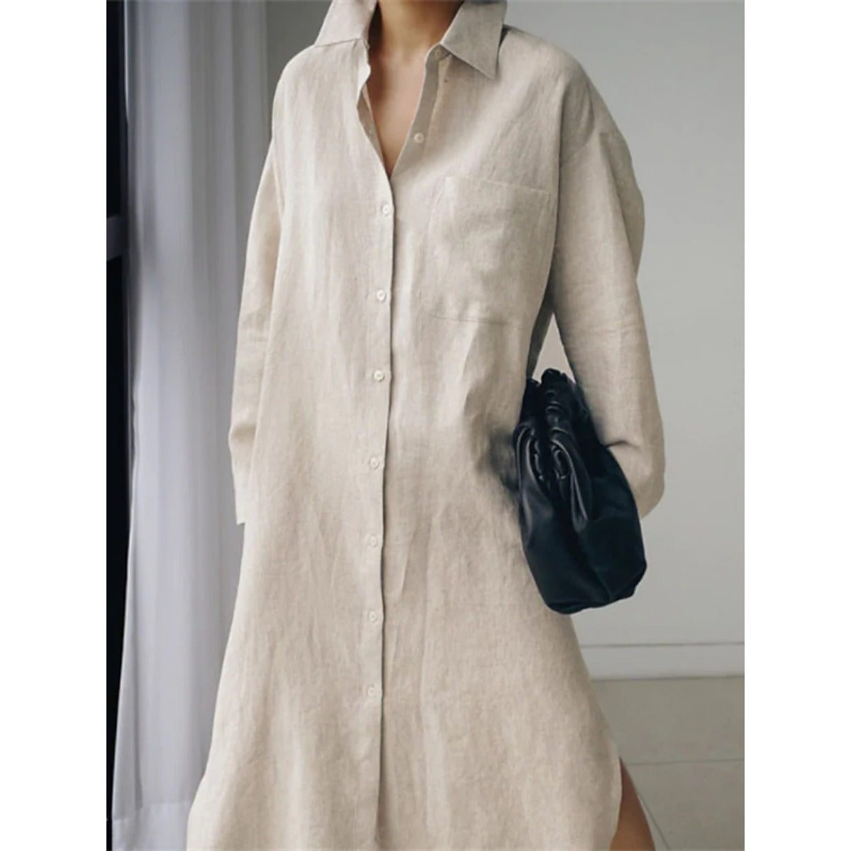 Muslim Casual Elegance Linen-Blend Shirt Dress | Modest Maxi with Button Front & Side Slits. (MS096)