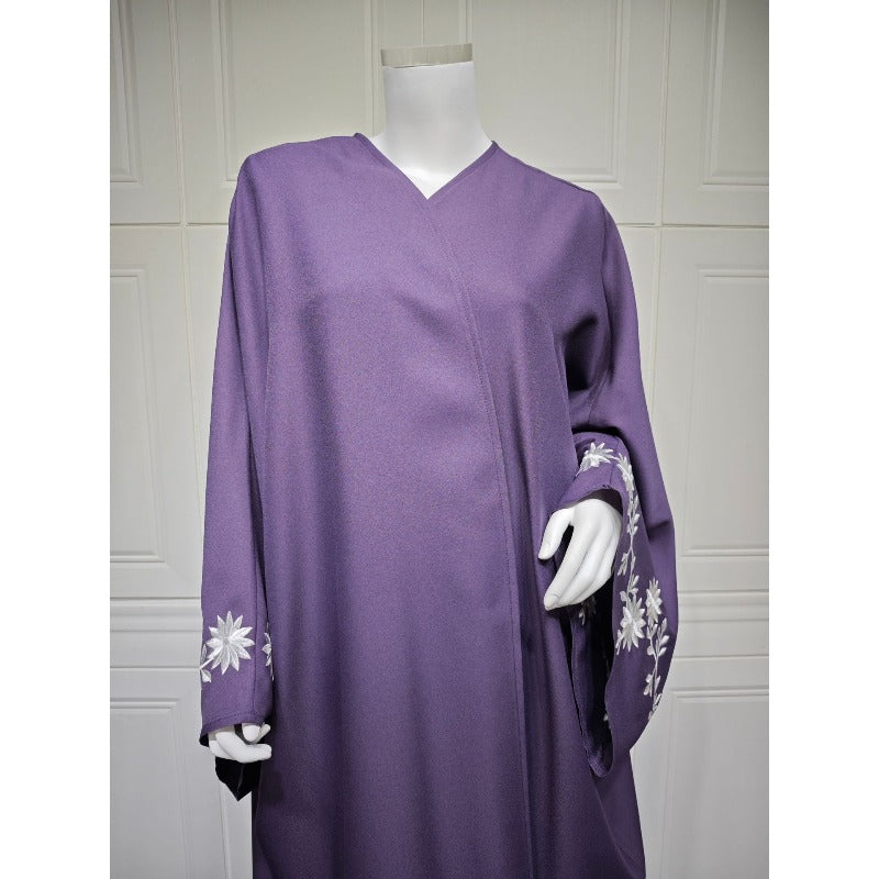 Embroidered Batwing Sleeve Abaya Set | Linen Blend Open Cardigan with Matching Hijab 2-Piece(MOA233)