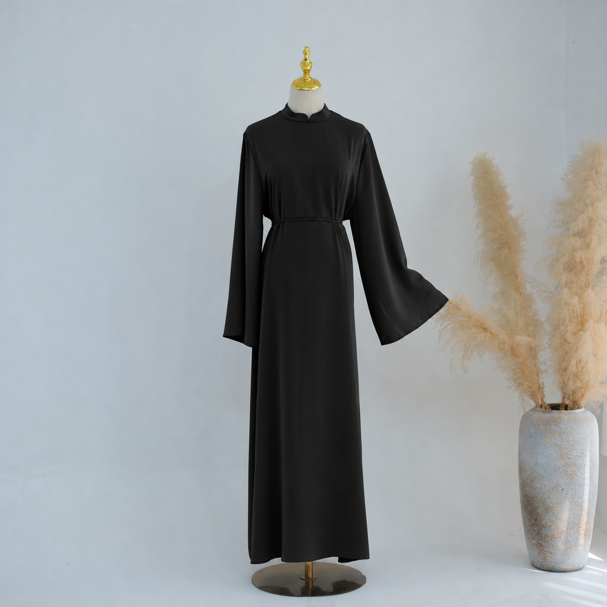Stand-Collar Nida Maxi Dress | Long-Sleeve Belted Modest Dress(MA475)