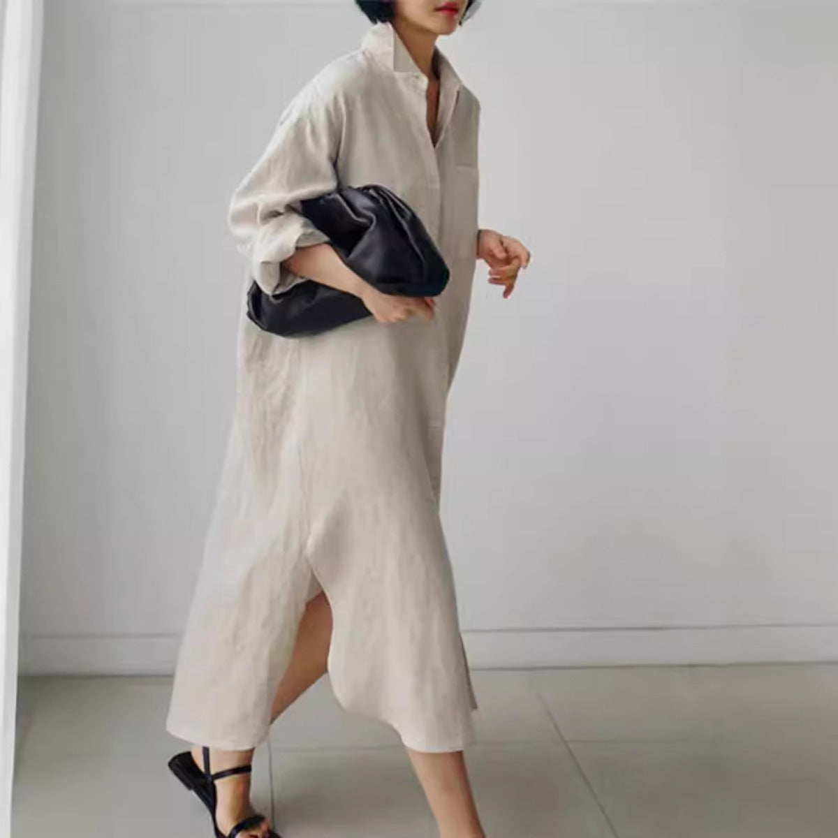 Muslim Casual Elegance Linen-Blend Shirt Dress | Modest Maxi with Button Front & Side Slits. (MS096)