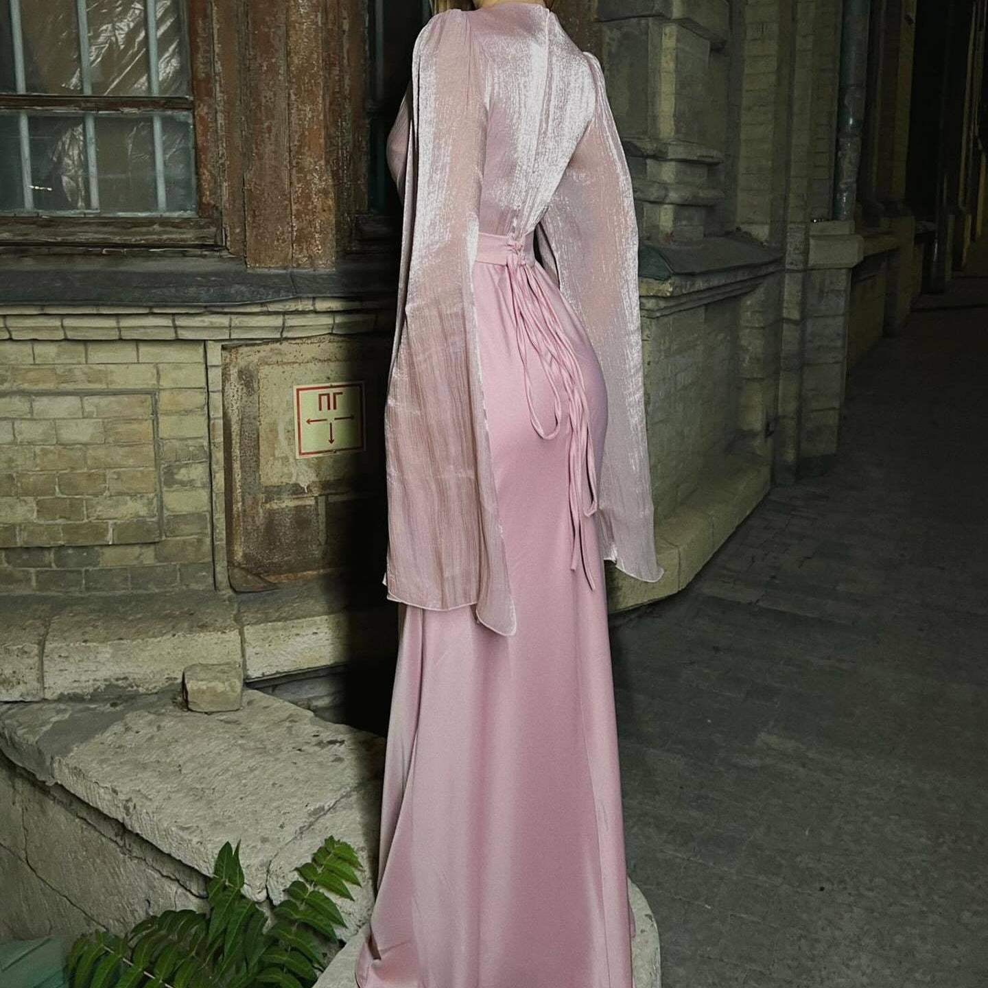 Cape Sleeve Gown with Tie-Back | Fitted Mermaid Maxi Dress(MS230)