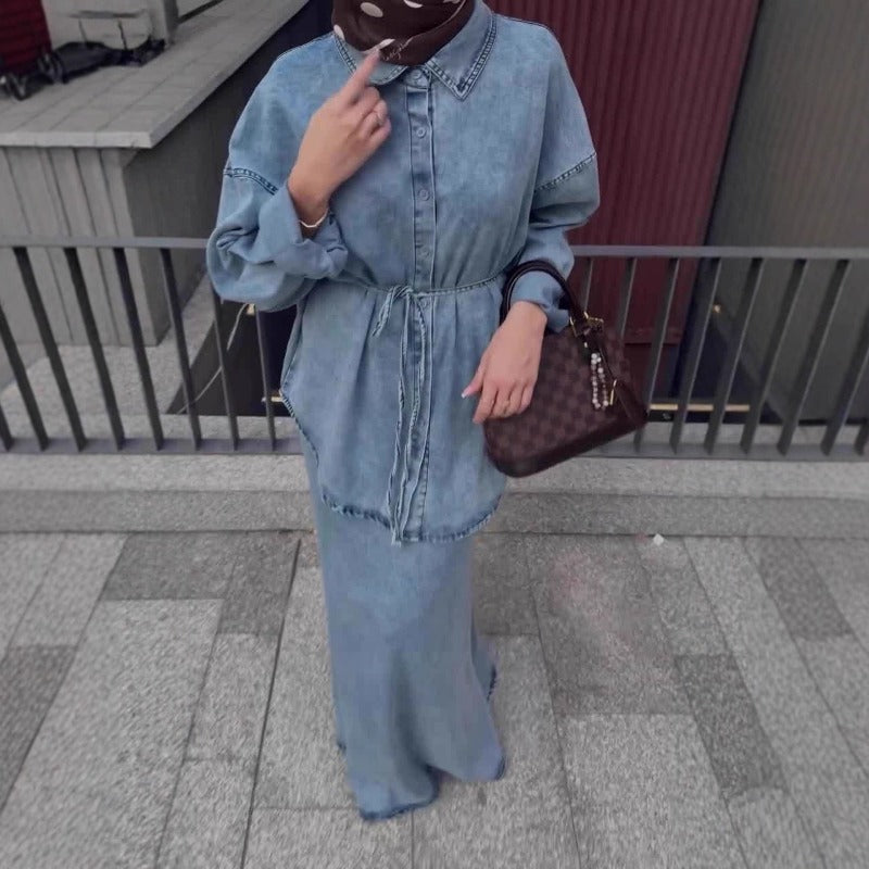 Casual Loose Denim Shirt & Skirt Set | Professional Commuter Two-Piece Outfit(MS132)