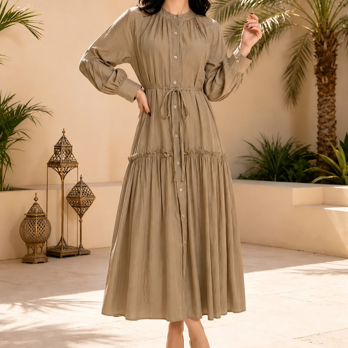 Solid Colour Tie-Waist Maxi Dress(MA472)