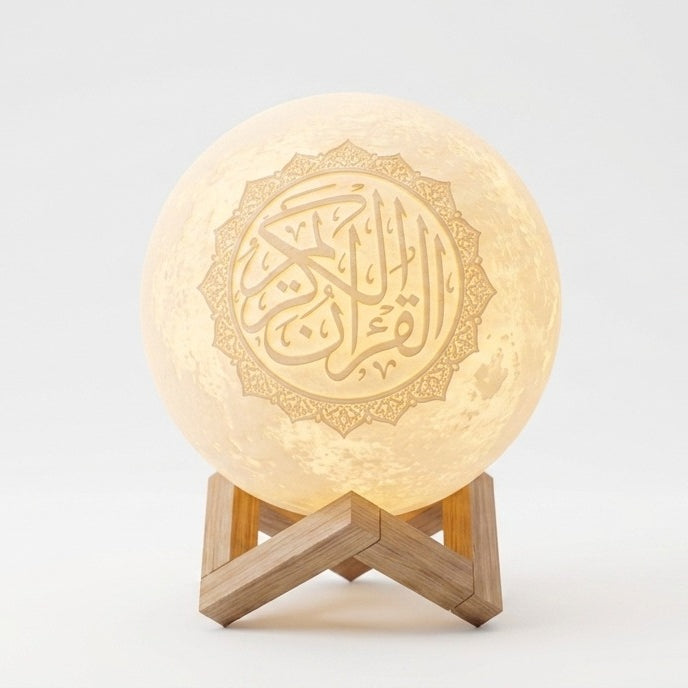 3D Printed Quran Moon Lamp Bluetooth Speaker - 16-Color RGB Touch & Remote Night Light with Wooden Stand（MAC481）