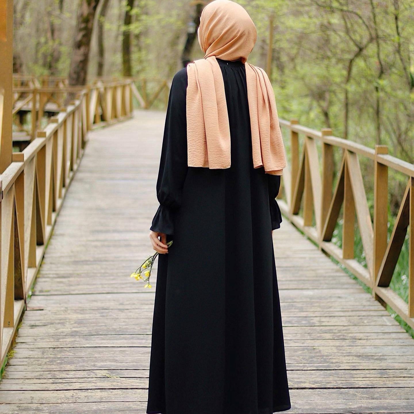 Bell Sleeve Chiffon Abaya | Round Neck Pocket Maxi Dress(MA363)