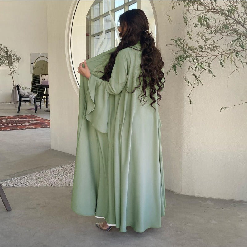 Lotus Leaf Sleeve Solid Soft Satin Open Front Abaya Dress | Lightweight Modest Abaya Cover(MOA220)