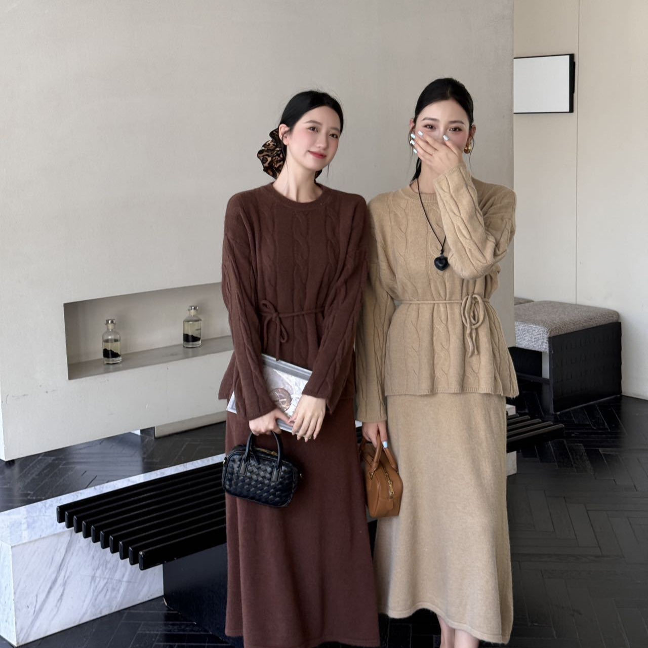 Autumn Winter Cable Knit Two-Piece Set | Round Neck Tie-Waist Sweater & Loose Skirt(MS133)