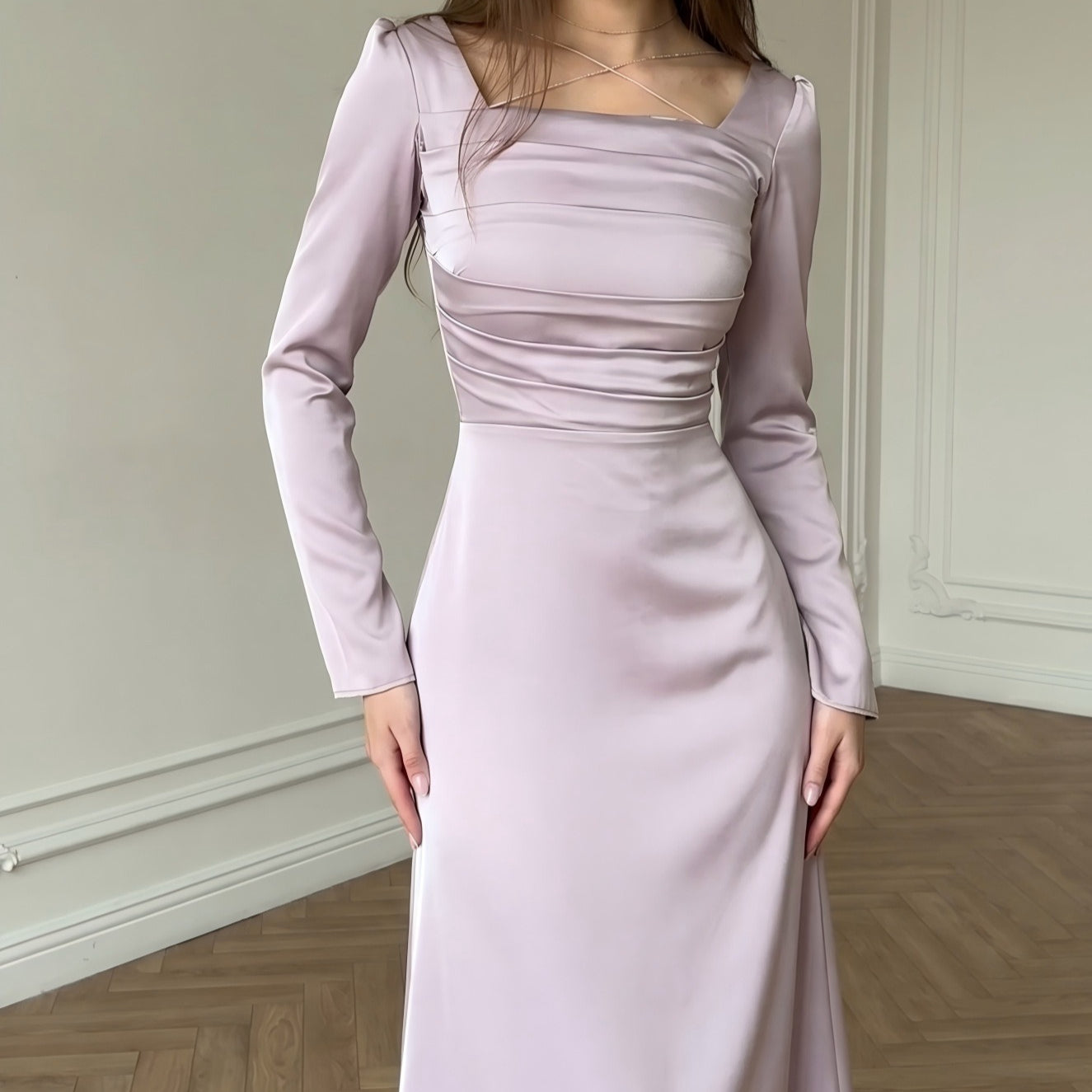 Ruched Bodice Satin Maxi Dress(MS446)
