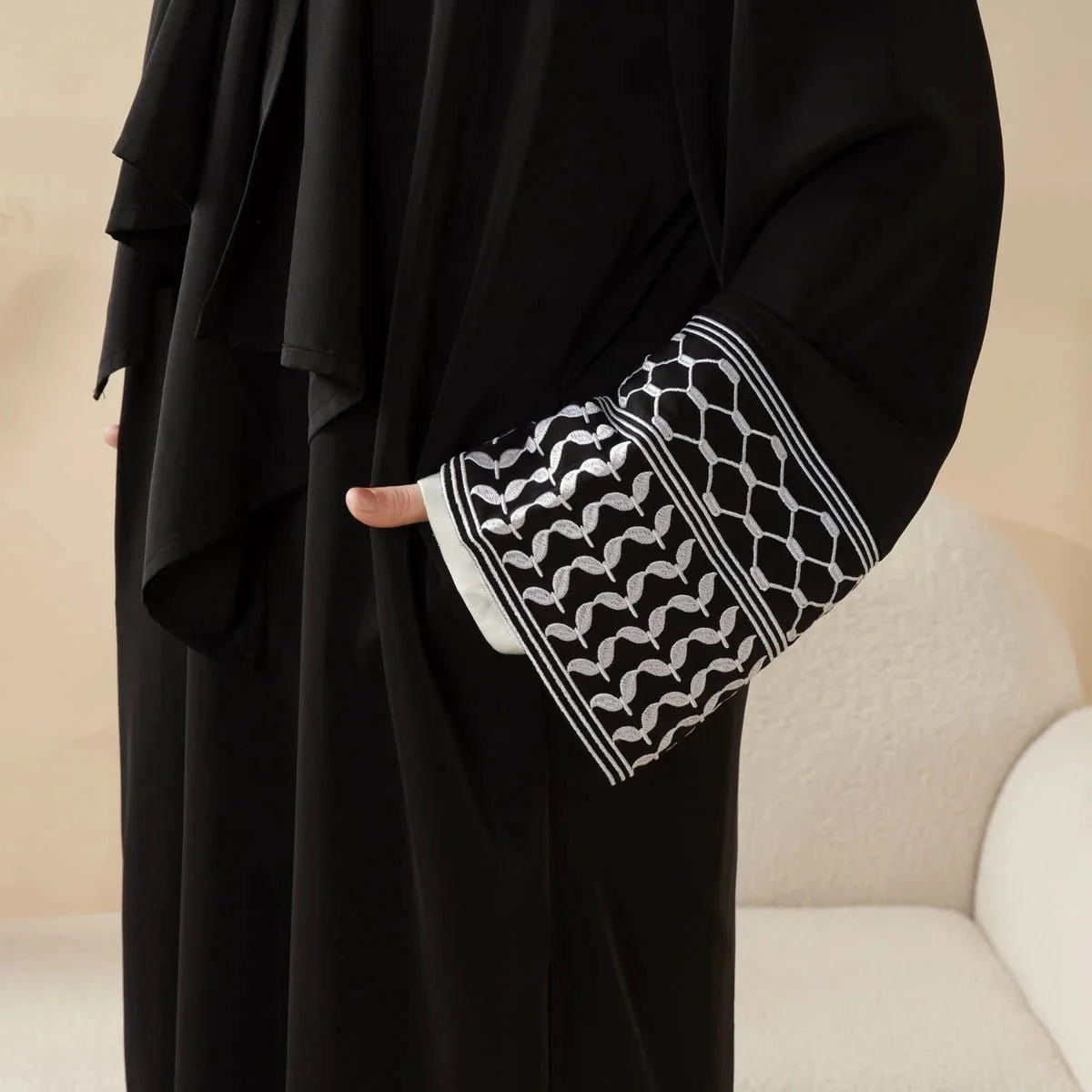 Archive Piece Keffiyeh-Embroidered Cuff Integrated Hijab Prayer Abaya - MP050 (Size Free Size Only)