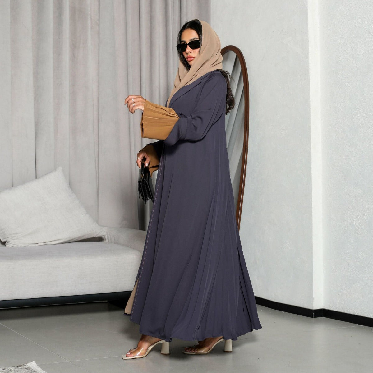 Luxe Suede Robe Dress | Navy Blue  Maxi with Gold Accents & Bell Sleeves(MOA200)