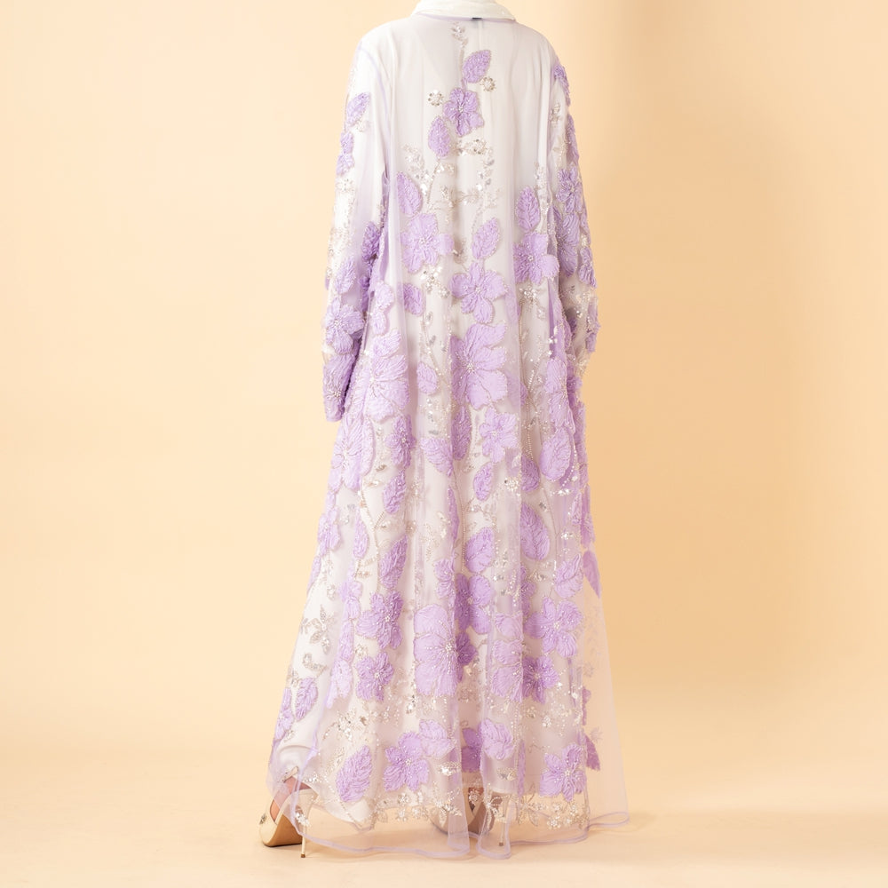 Luxury 3D Floral Beaded Embroidered Mesh Open Abaya– Lavender Occasion Abaya (MOA304)