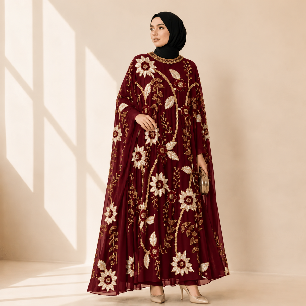 Embroidered Pearl Floral Abaya with Draped Batwing Sleeves(MA453)