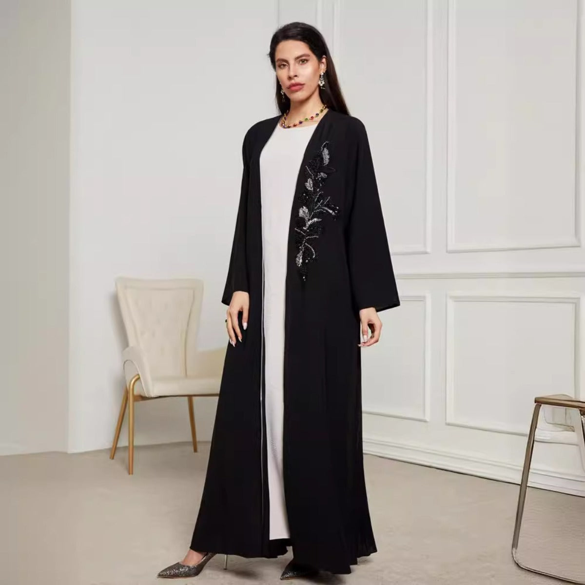 Black & Silver Embroidered Open Front Robe - Modest Elegant Abaya(MOA216)