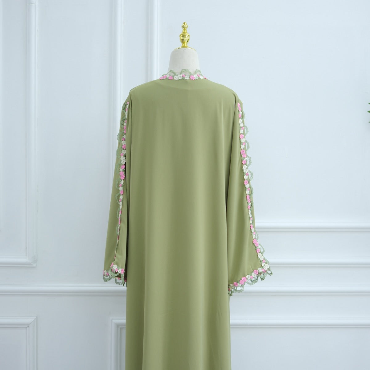 Muslim Women's Luxury Floral Embroidered Cardigan | Olive Green Modest Cover-Up with Pink/White Blossoms (MOA197)
