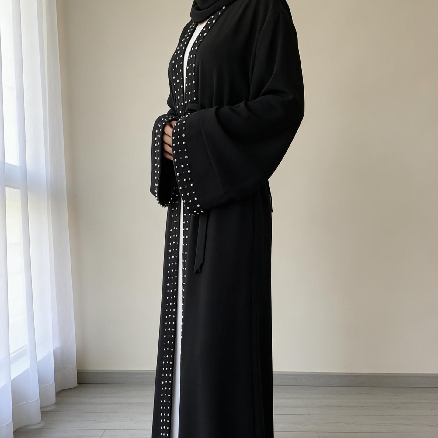 Metal Stud Trim Open-Front Abaya(MOA274)