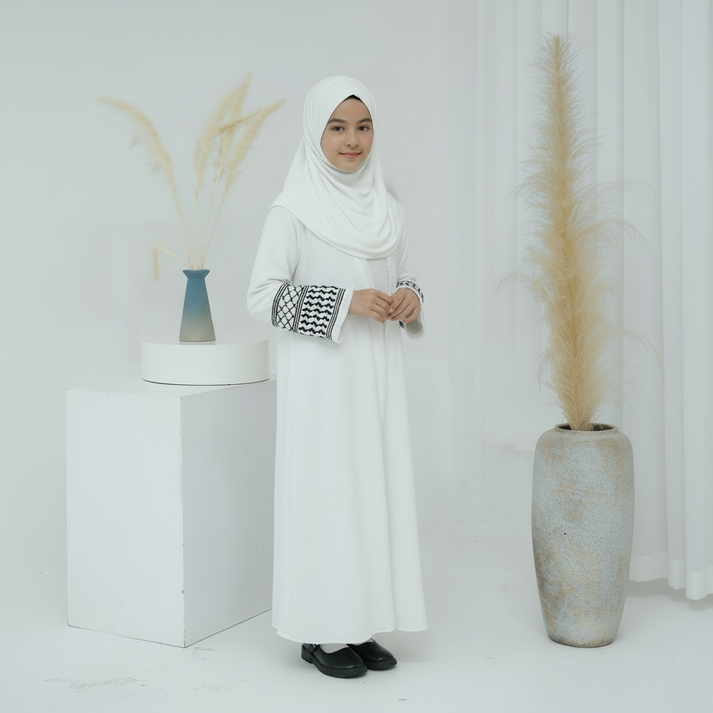 Embroidered Children's Abaya Set Pakistan Geometric Print Robe Abaya with Matching Belt Kid Abaya(MKG015)