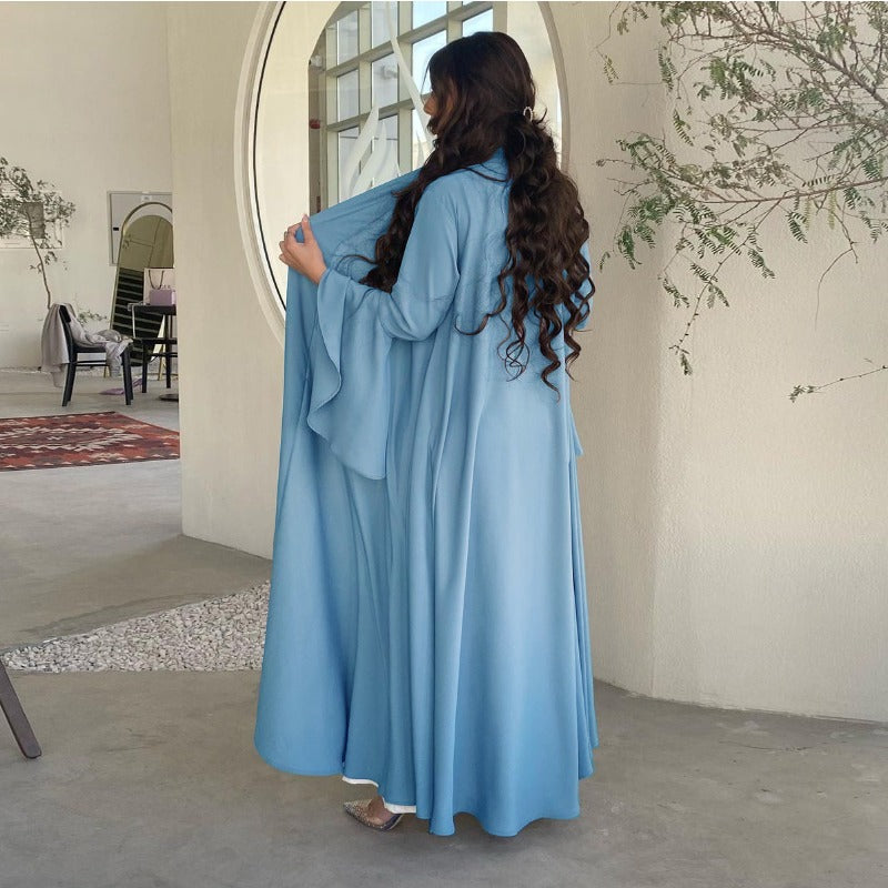 Lotus Leaf Sleeve Solid Soft Satin Open Front Abaya Dress | Lightweight Modest Abaya Cover(MOA220)