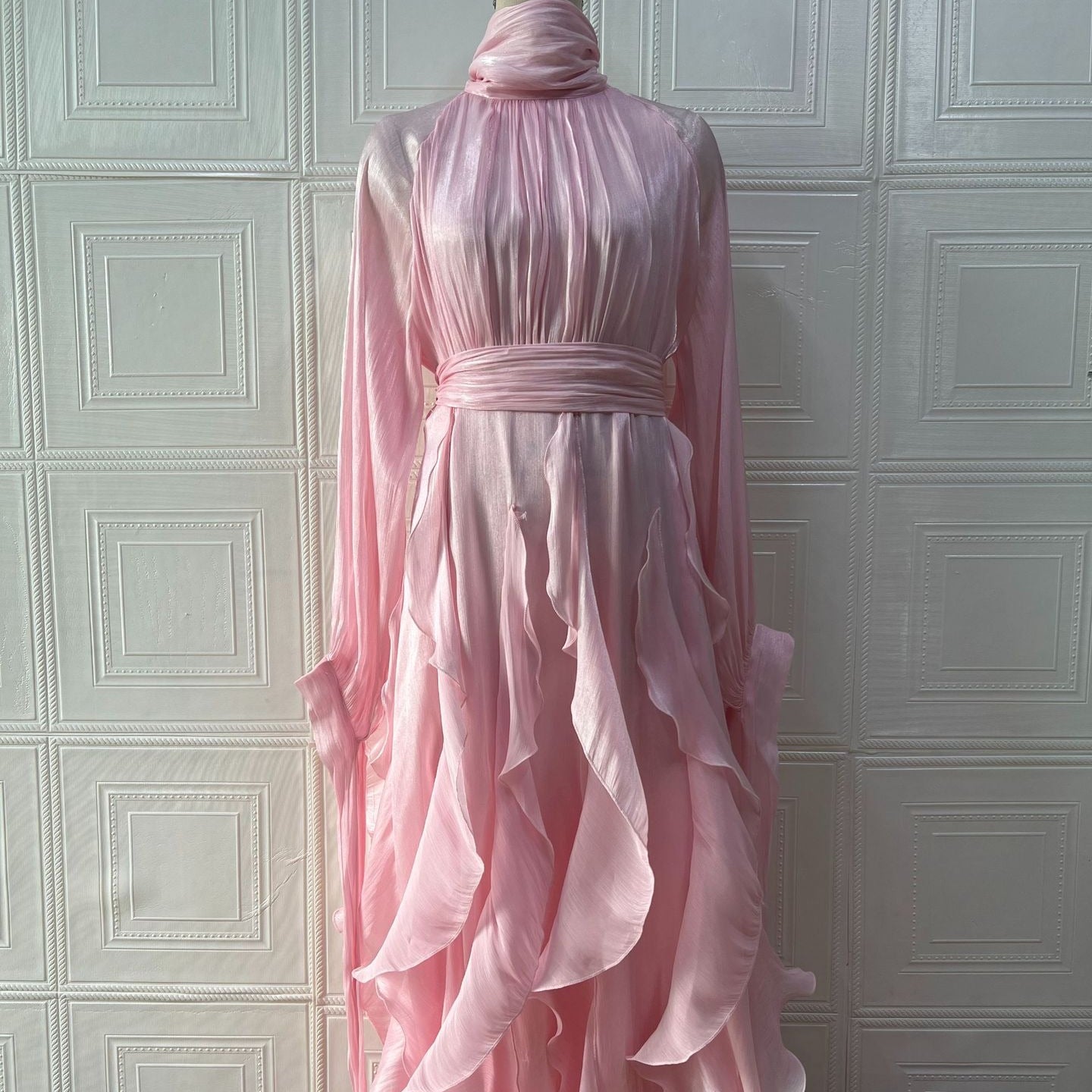 Cascading Ruffle Gown | High Neck Tie-Waist Maxi Dress(MS231)