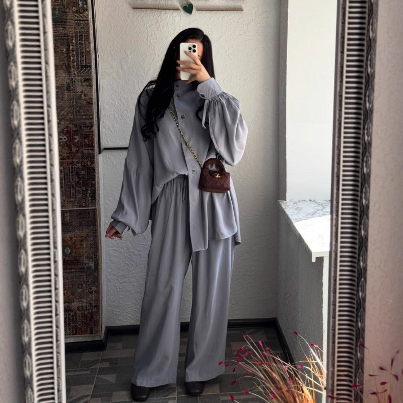 Autumn Winter Loose Fit Two-Piece Set | Stand Collar Shirt & Wide Leg Pants(MS128)