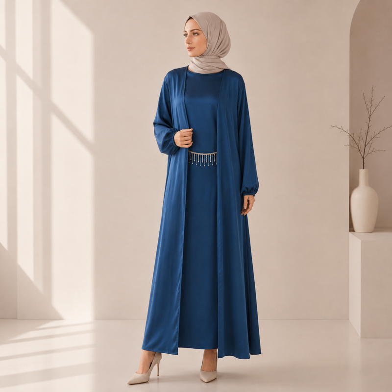 Archive Piece Satin Open Abaya Three-Piece Set - MP066 (Taille L uniquement)