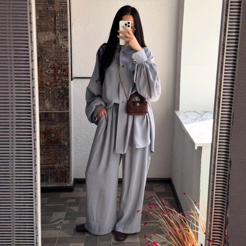 Autumn Winter Loose Fit Two-Piece Set | Stand Collar Shirt & Wide Leg Pants(MS128)