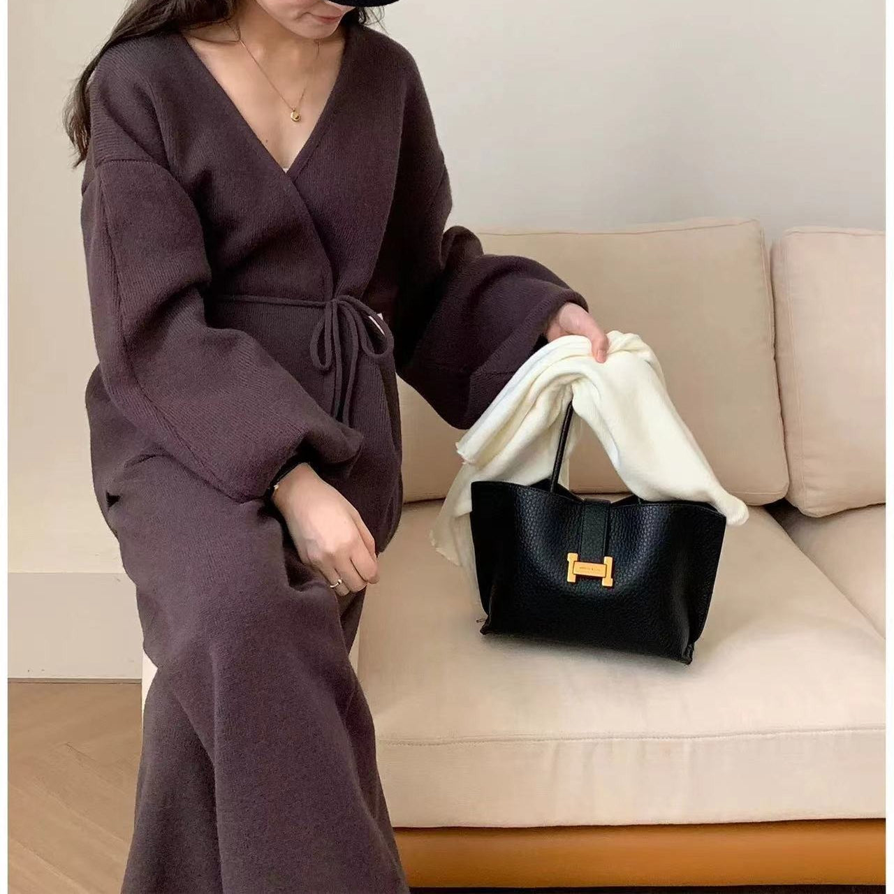 Ribbed Knit Wrap Top & Wide-Leg Trouser Two-Piece Set(MS531)