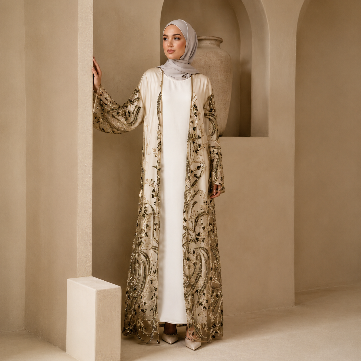 Luxury Hand-Beaded Sequin Embroidered Open Abaya for Eid & Wedding Occasions (MOA305)