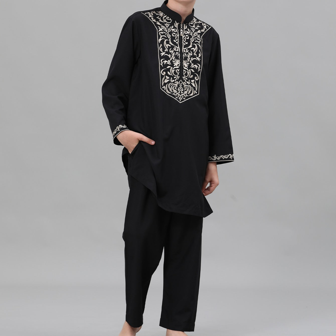 Boys Black Embroidered Tunic & Pants Set(MKB021)