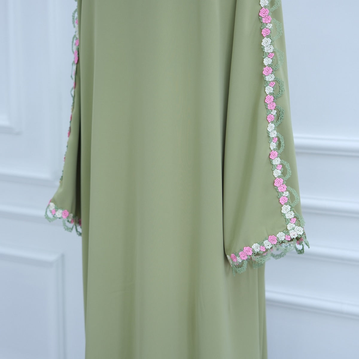 Muslim Women's Luxury Floral Embroidered Cardigan | Olive Green Modest Cover-Up with Pink/White Blossoms (MOA197)