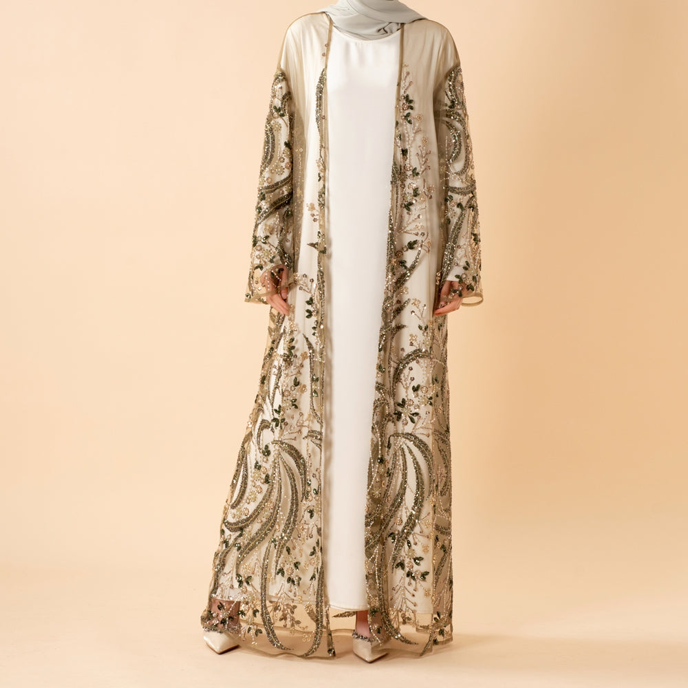 Luxury Hand-Beaded Sequin Embroidered Open Abaya for Eid & Wedding Occasions (MOA305)