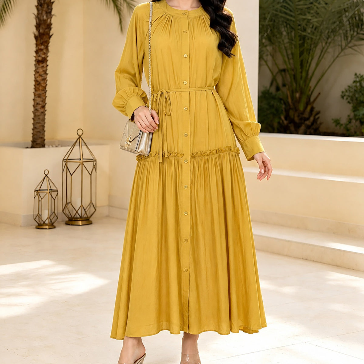 Solid Colour Tie-Waist Maxi Dress(MA472)