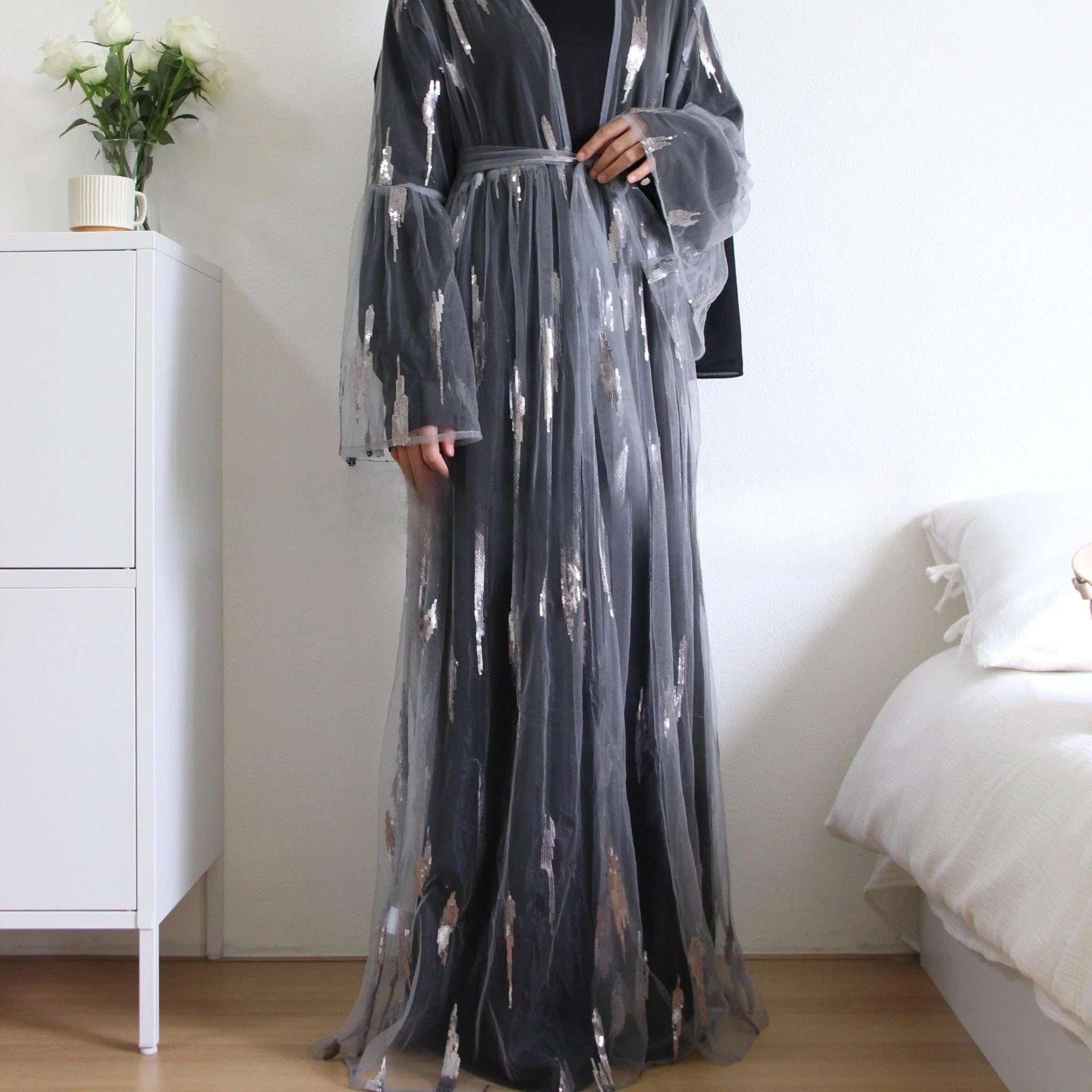 Sequins Satin 2 Pieces Pocket Abaya Set (MA025)