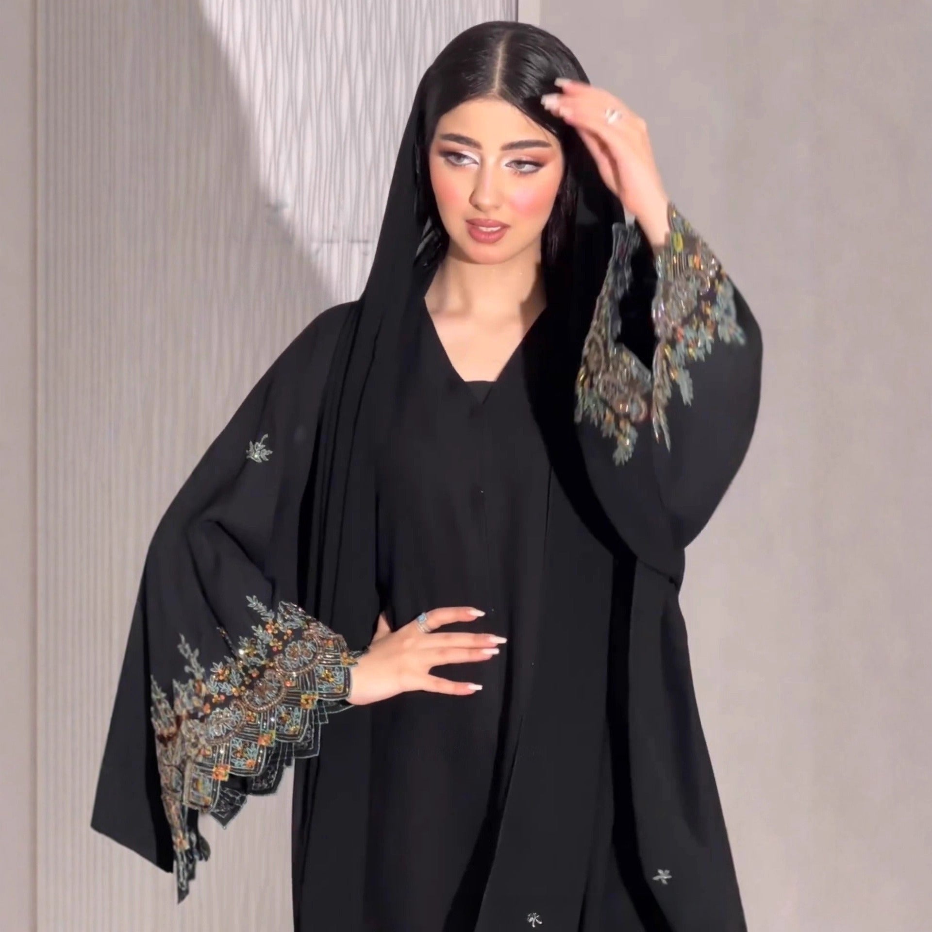 Black Abaya with Beaded Embroidered Cuffs & Hijab Set(MOA278)