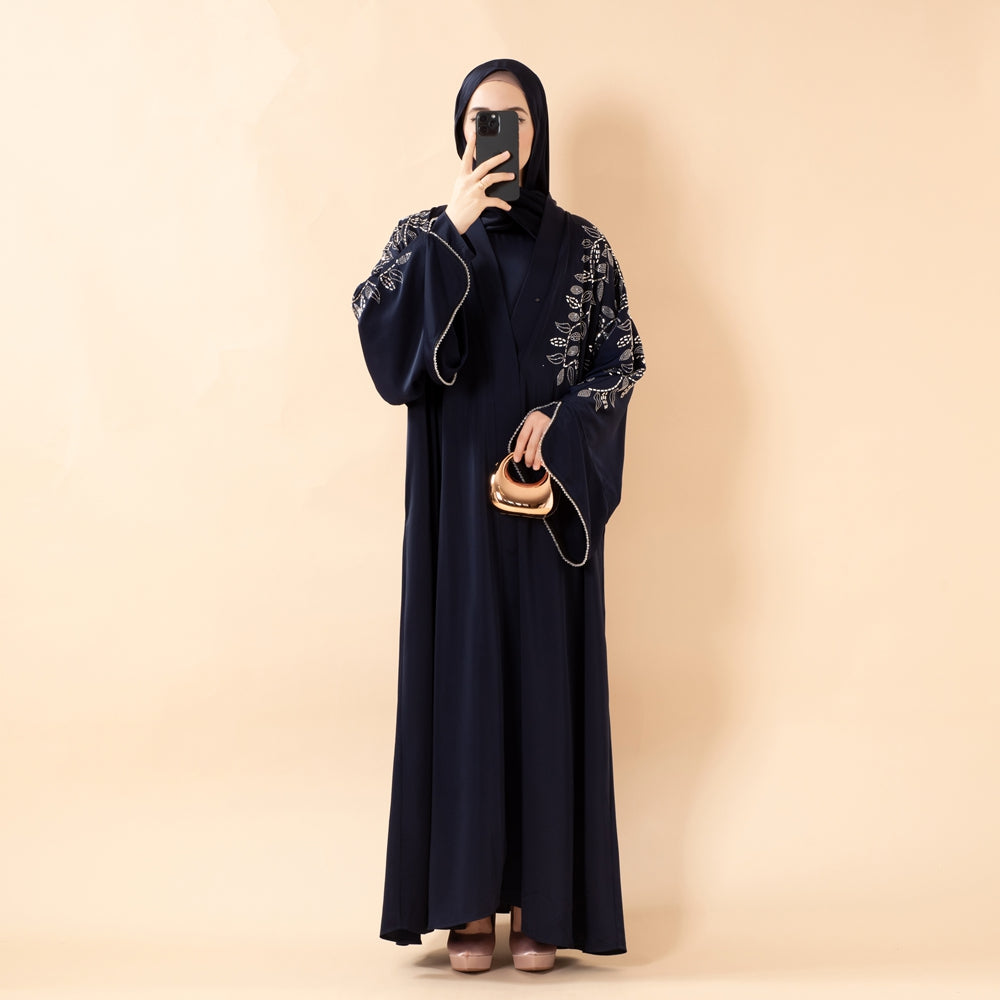 Leaf Embellishment Satin 3-Piece Abaya Set for Eid (MOA244)